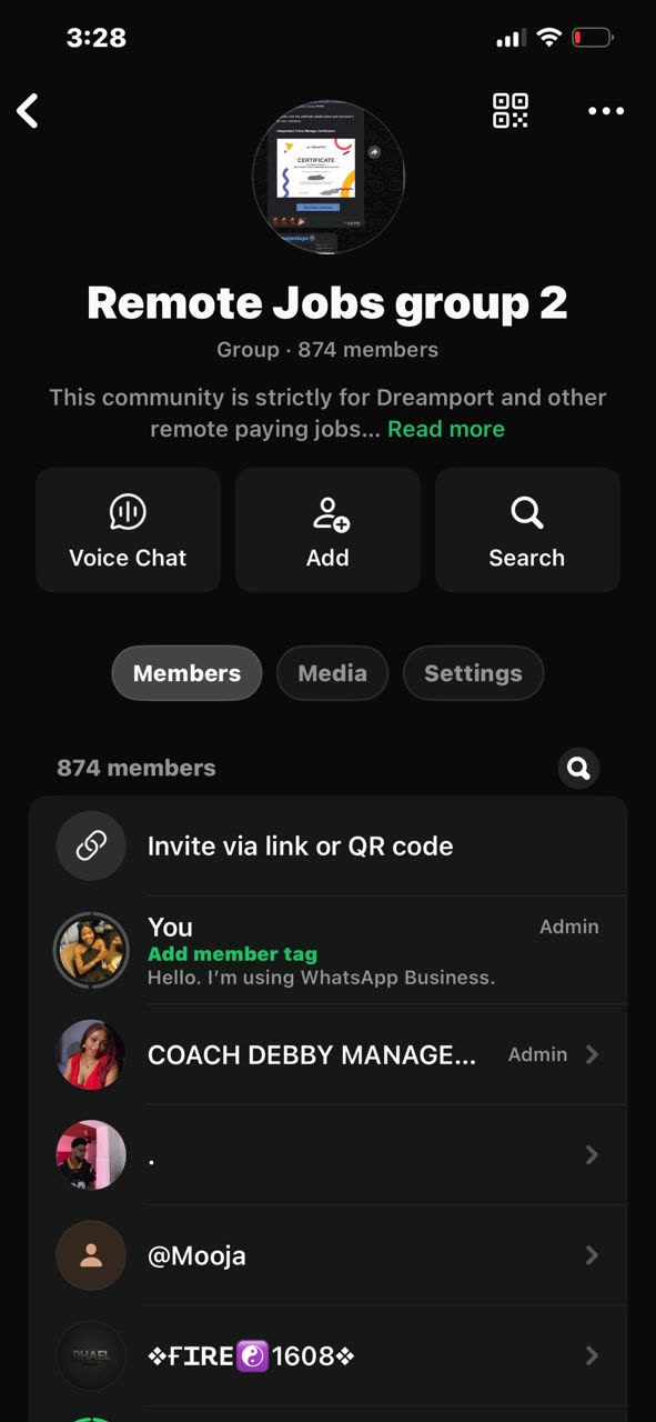 Remote Jobs group 2 WhatsApp community with 874 members