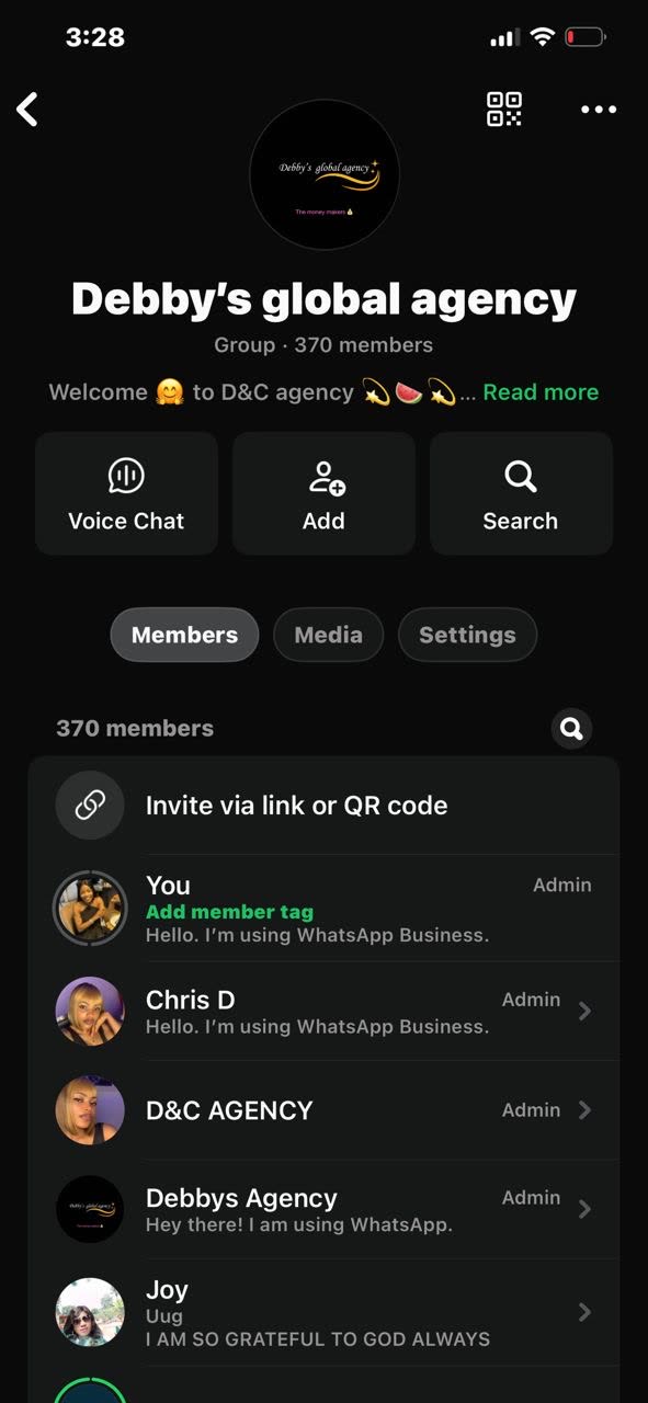 Debby's Global Agency WhatsApp community with 370 members