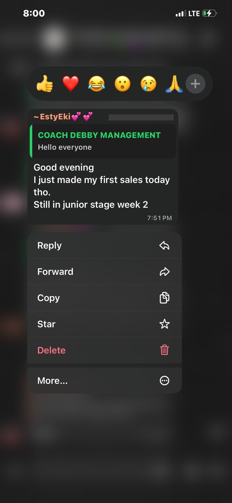 Student sharing they made their first sale in week 2