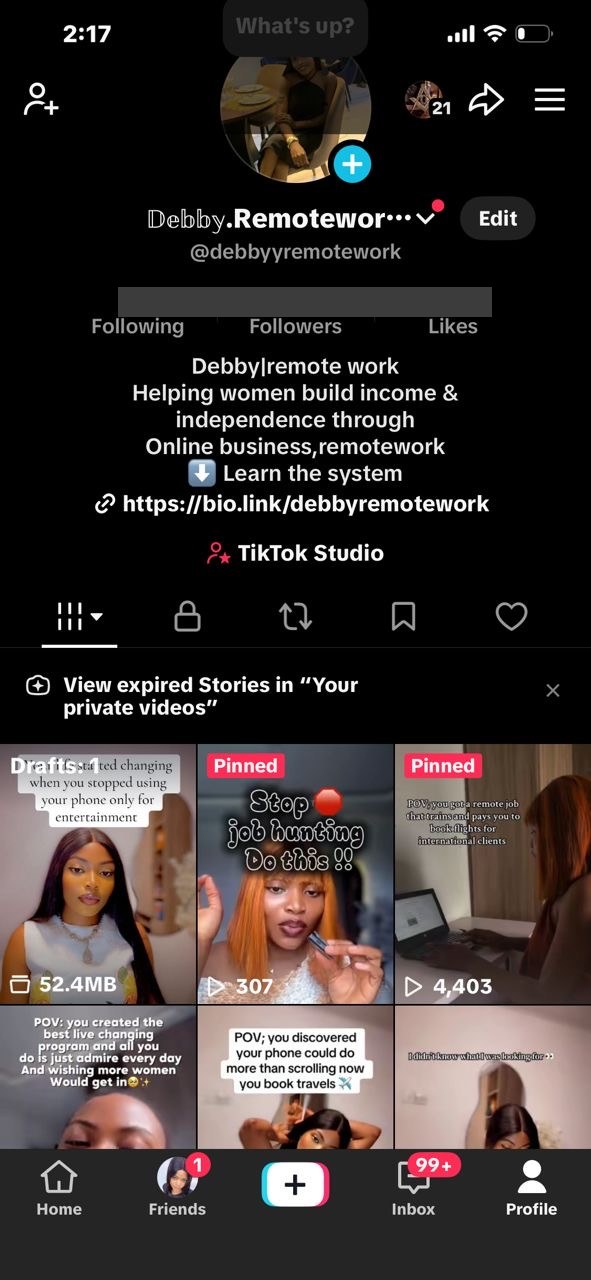 Debby.Remotewor TikTok, newer account at 1,115 followers