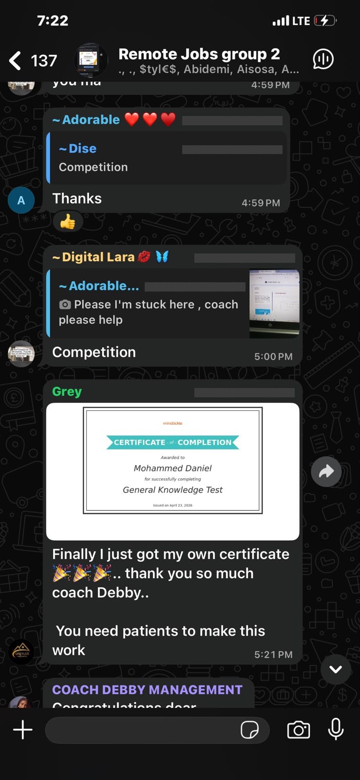 Mindtickle General Knowledge Test certificate shared in the group