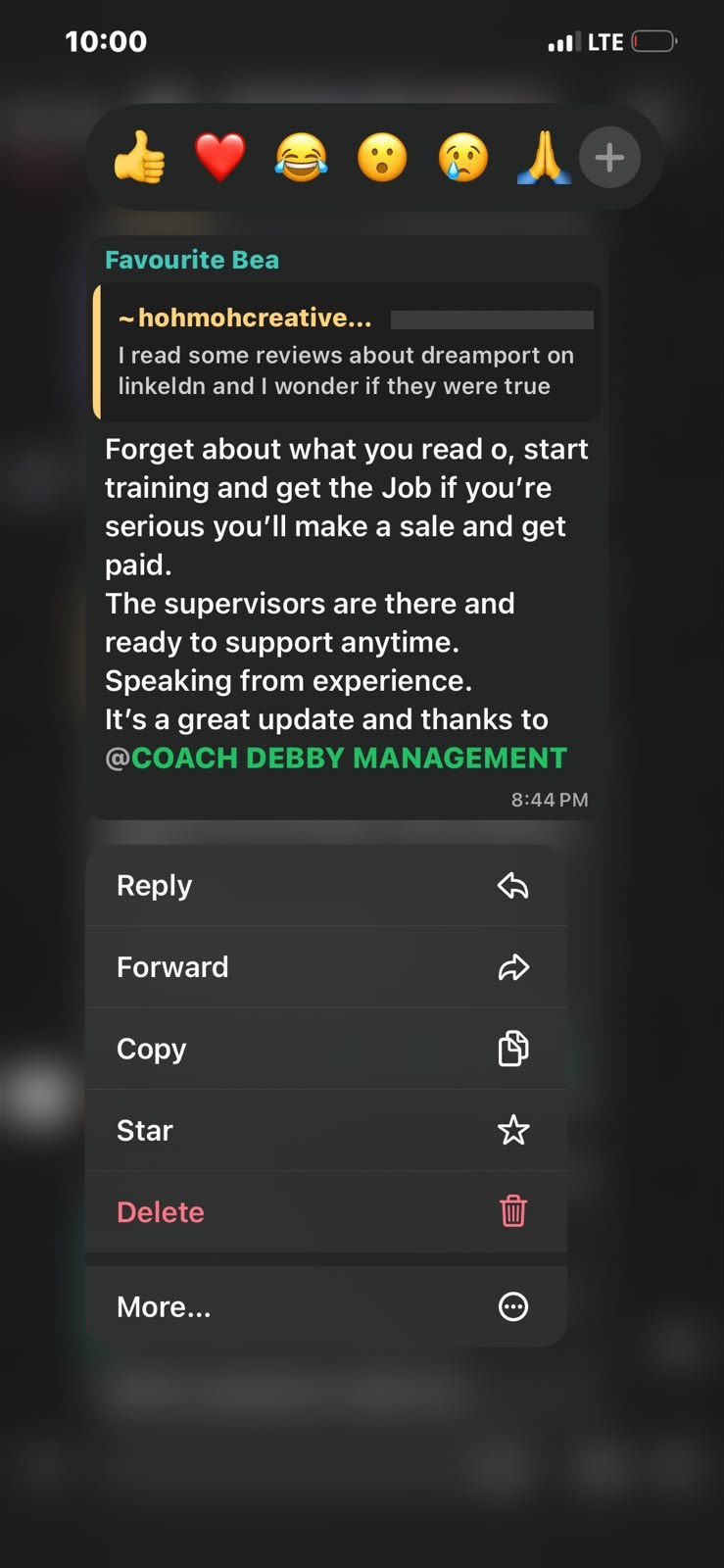 Community DM affirming the Dreamport training and results