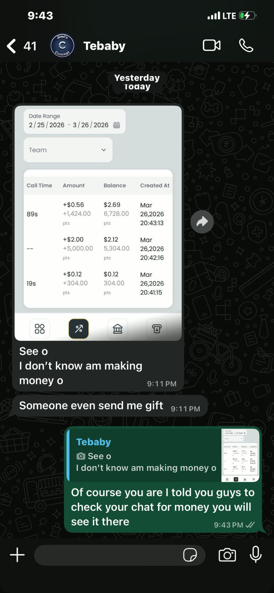 Streamer Tebaby sharing daily earnings and gifts received
