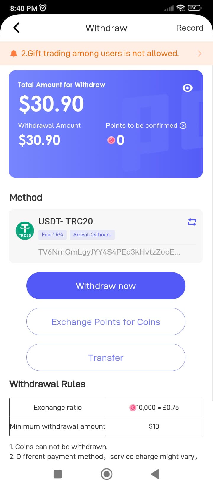 USDT-TRC20 withdrawal method and rules screen