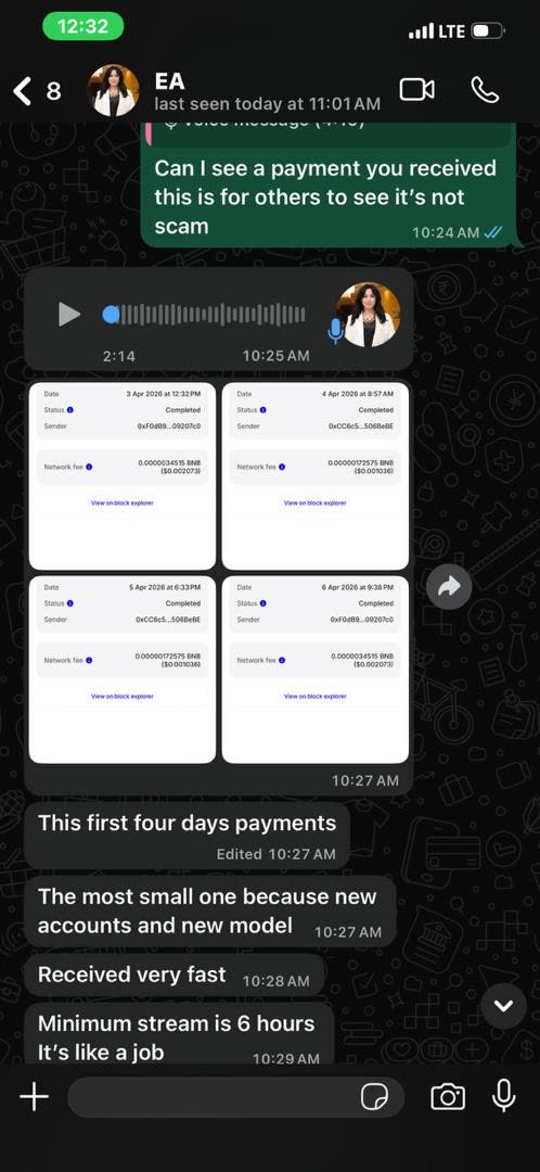 Streamer EA sharing four days of completed BNB payments