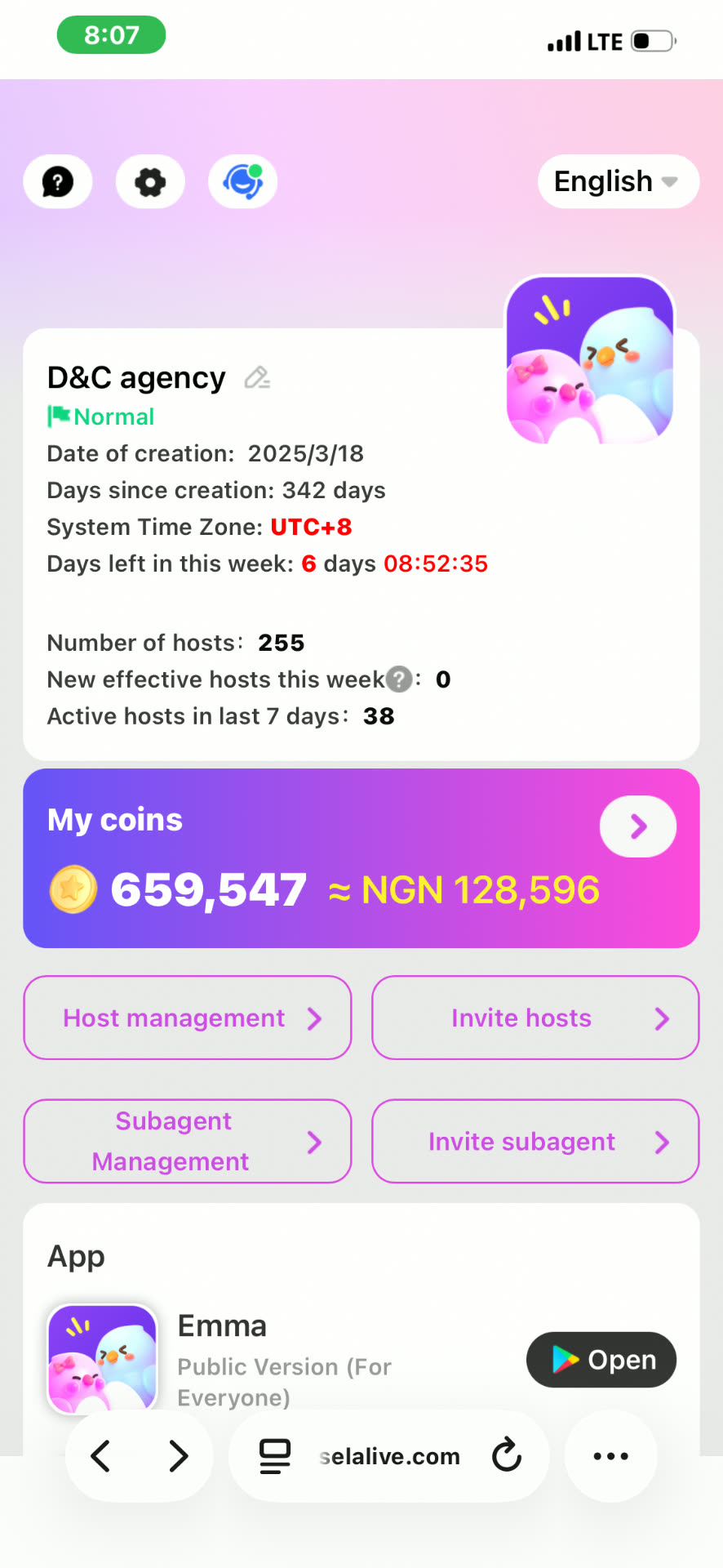 D&C Agency dashboard showing 255 hosts and coin balance