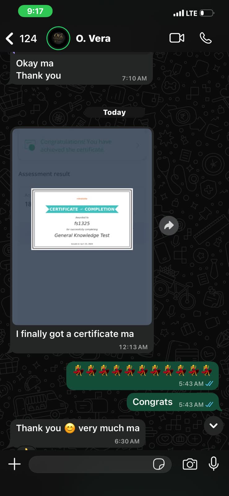 O. Vera sharing her General Knowledge Test certificate of completion