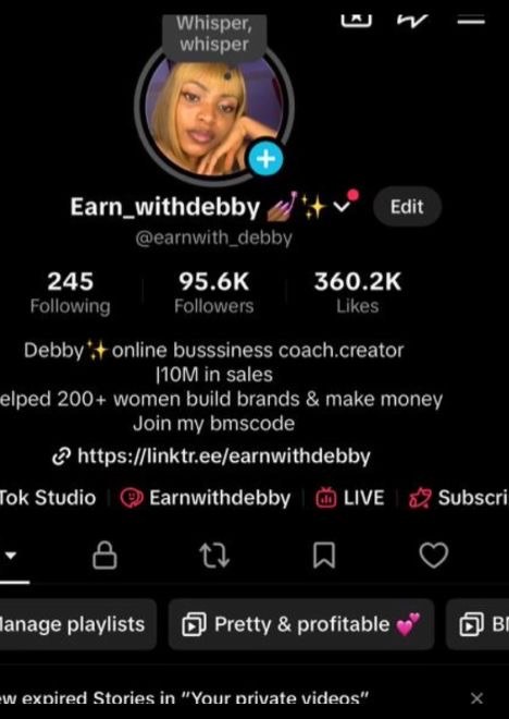 Earn_withdebby TikTok profile showing 95.6K followers and 360.2K likes