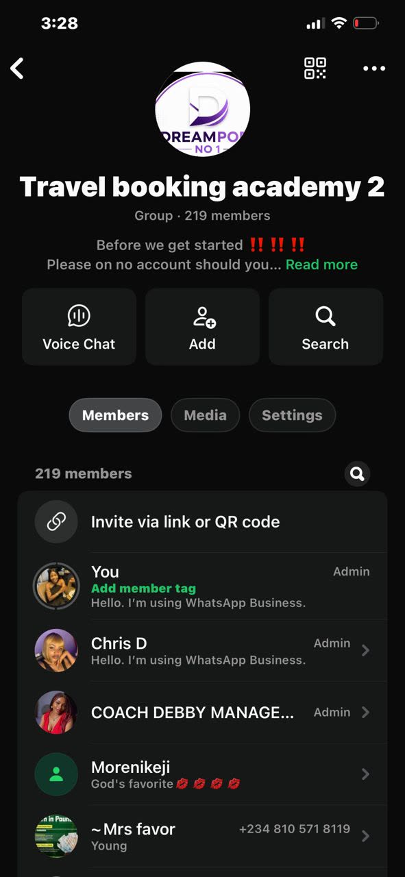Travel Booking Academy 2 WhatsApp community earlier snapshot with 219 members