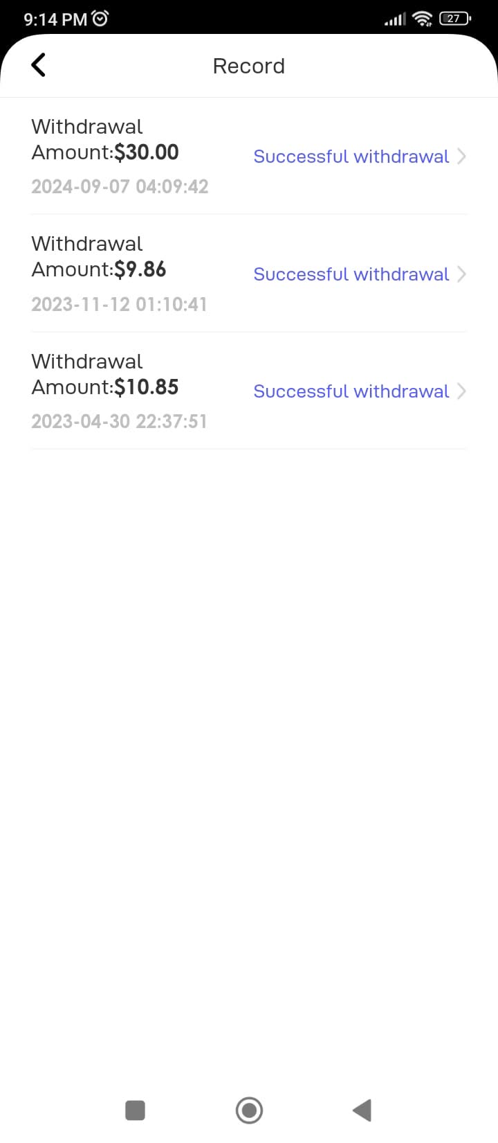 Record of successful withdrawals from the agency platform