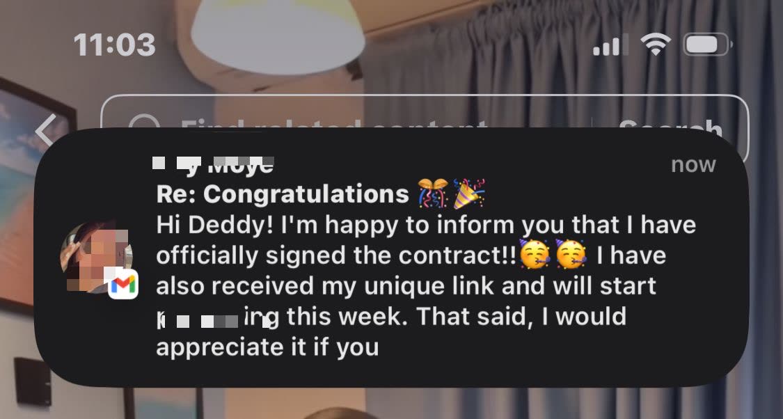 Student notification message saying they have officially signed the contract
