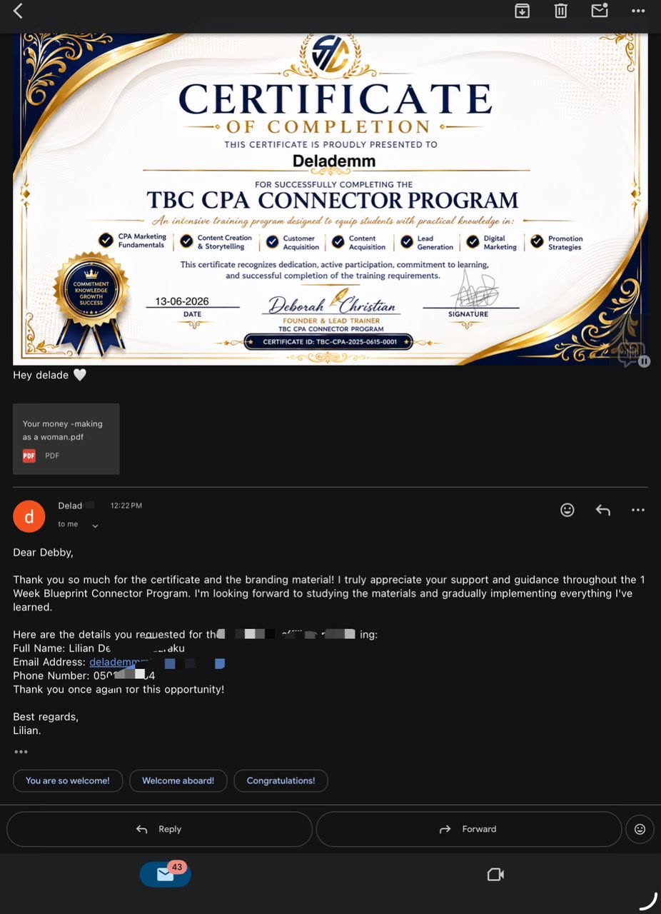 Student Delademm shares her TBC CPA Connector Program certificate and thanks Deborah