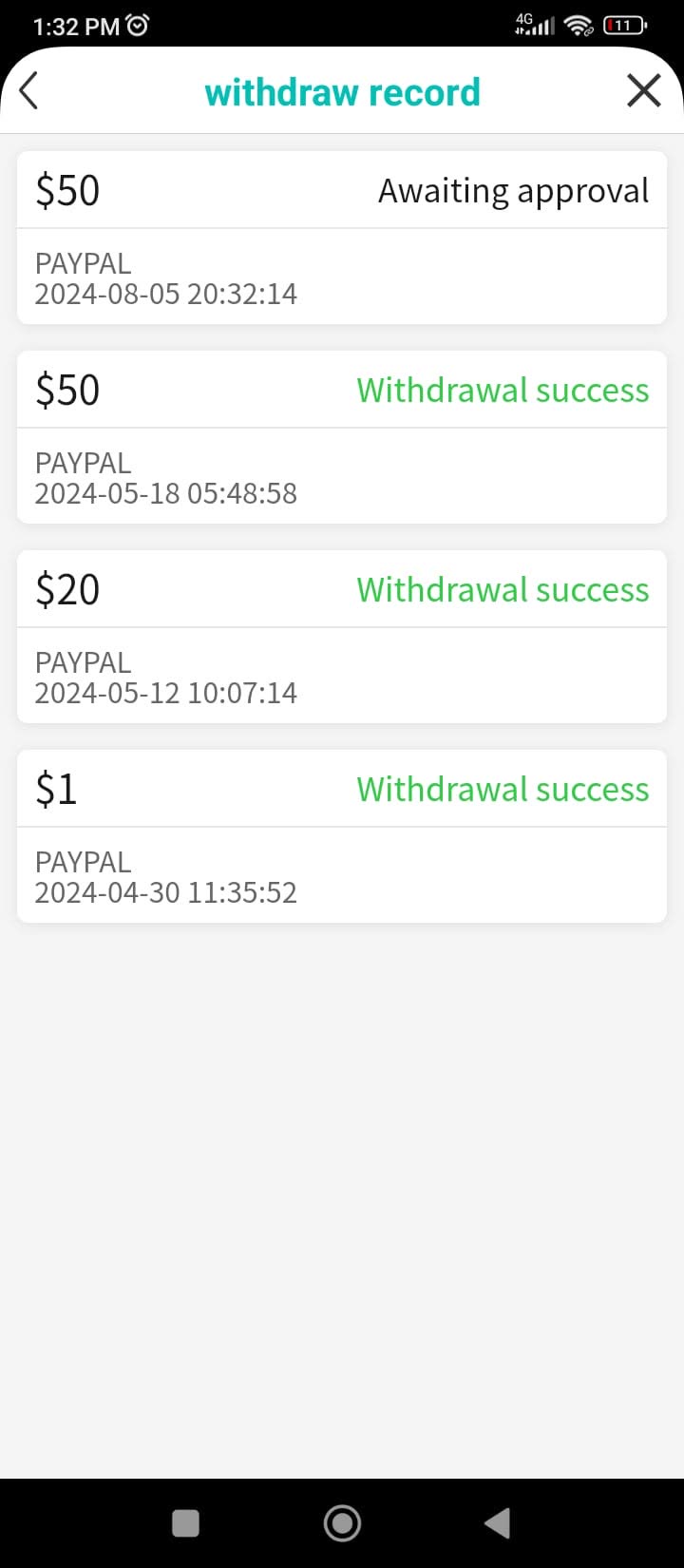 PayPal withdrawal record with multiple successful payouts