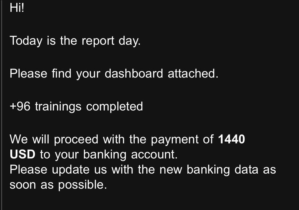 Report day email confirming 96 trainings completed and 1,440 USD payout