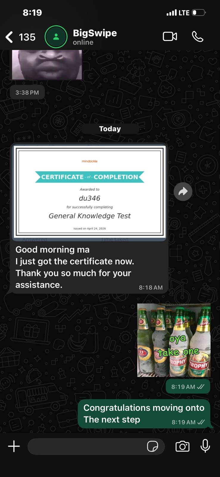 Student sharing they just received their completion certificate