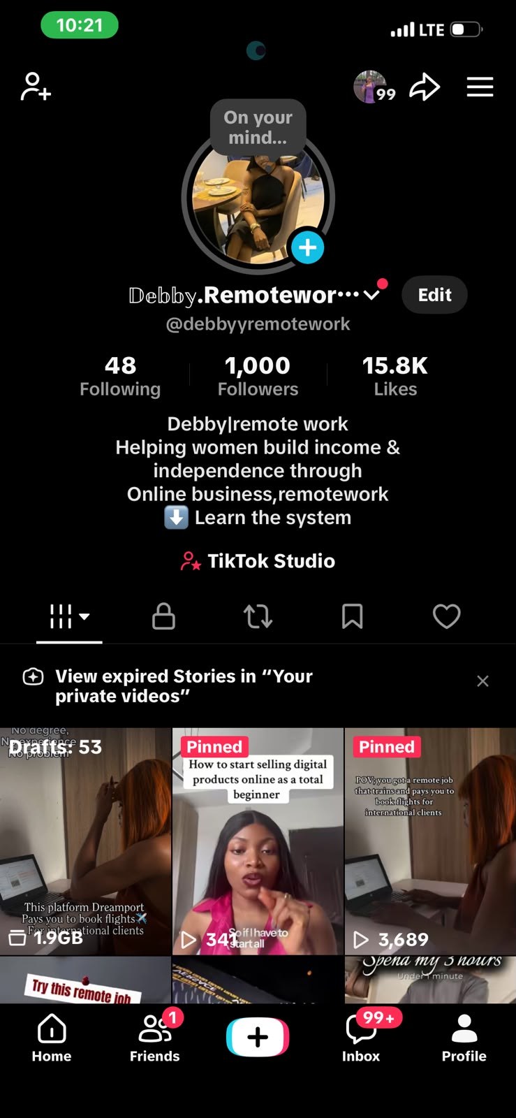 Debby.Remotewor TikTok, newer account at 1,000 followers