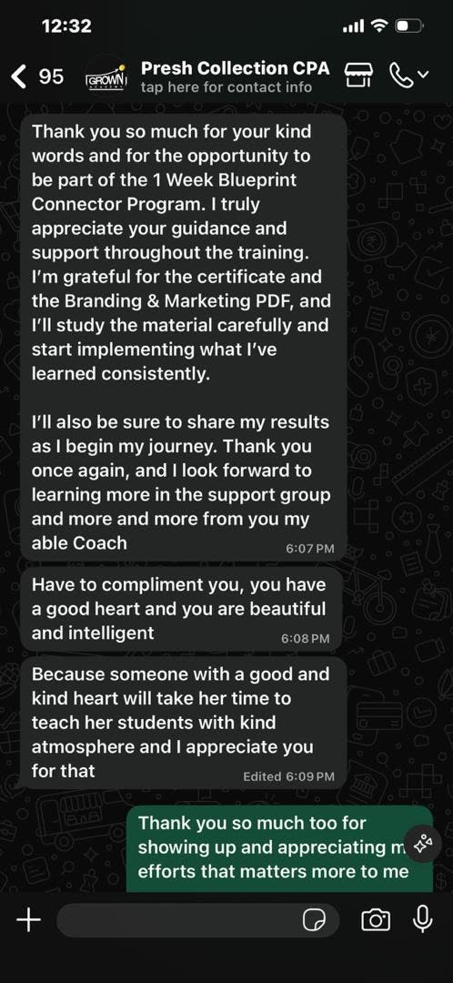 Presh Collection CPA WhatsApp thank-you message about the training and support group