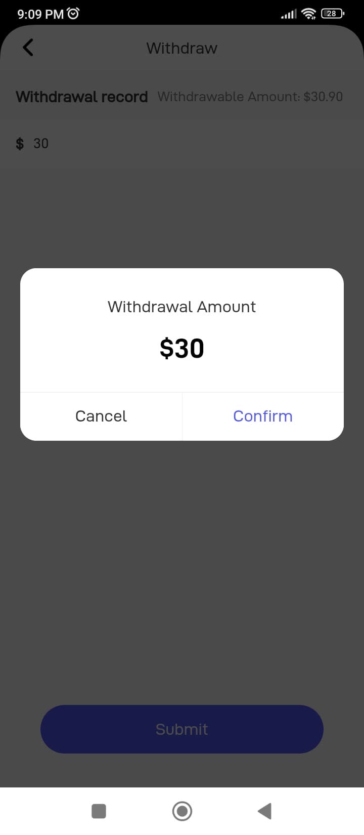 Agency withdrawal amount confirmation screen