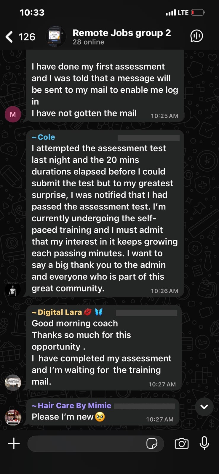 New student sharing progress on their first assessment