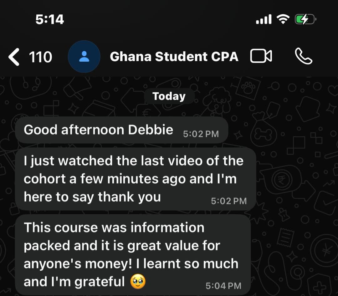 Ghana-based student thanking Deborah after finishing the CPA cohort videos
