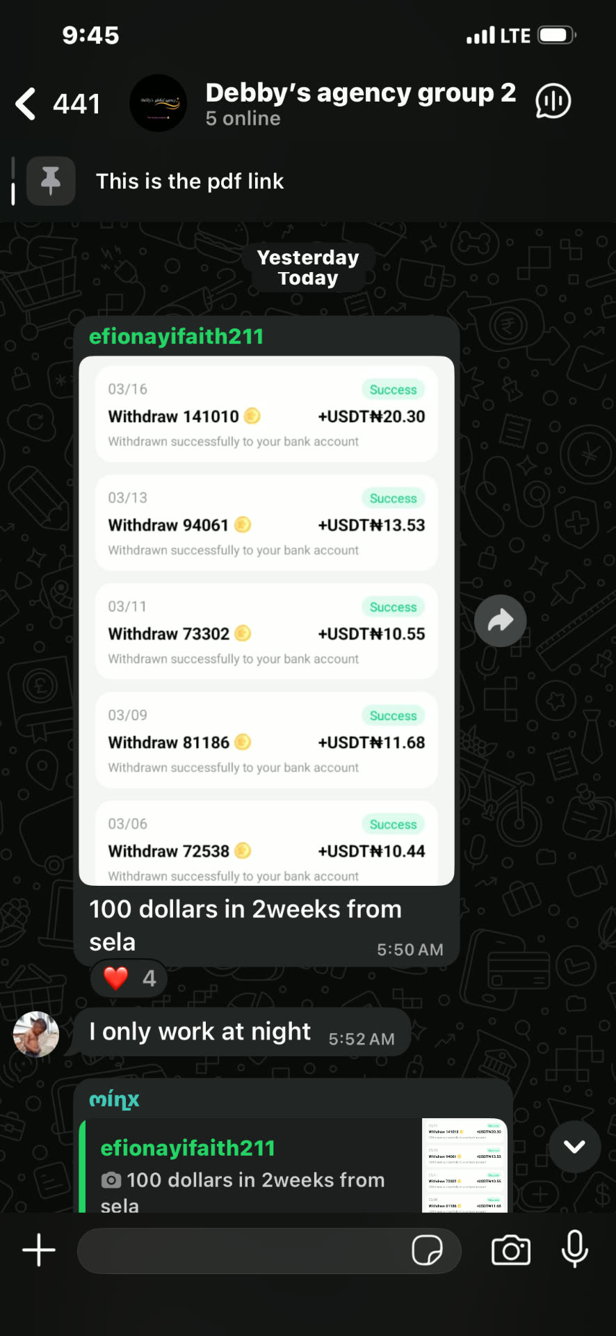 Streamer efionayifaith211 sharing multiple successful USDT withdrawals, 100 dollars in 2 weeks