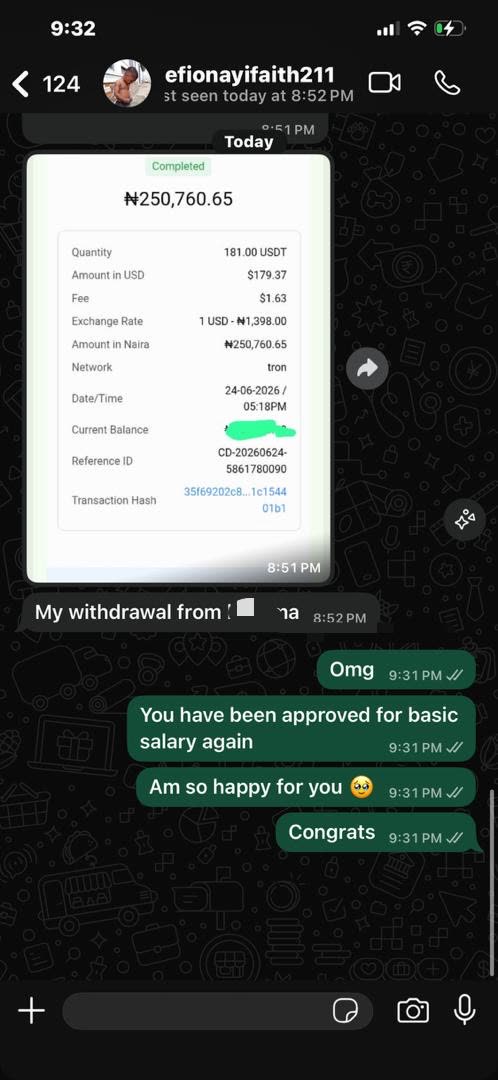 Streamer sharing a ₦250,760.65 completed withdrawal receipt