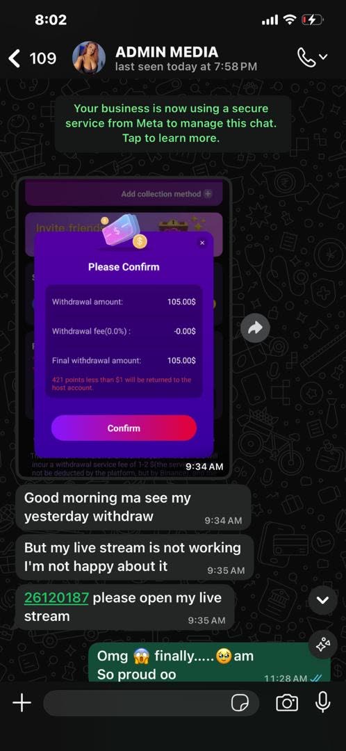 Streamer confirming a $105 withdrawal from the platform