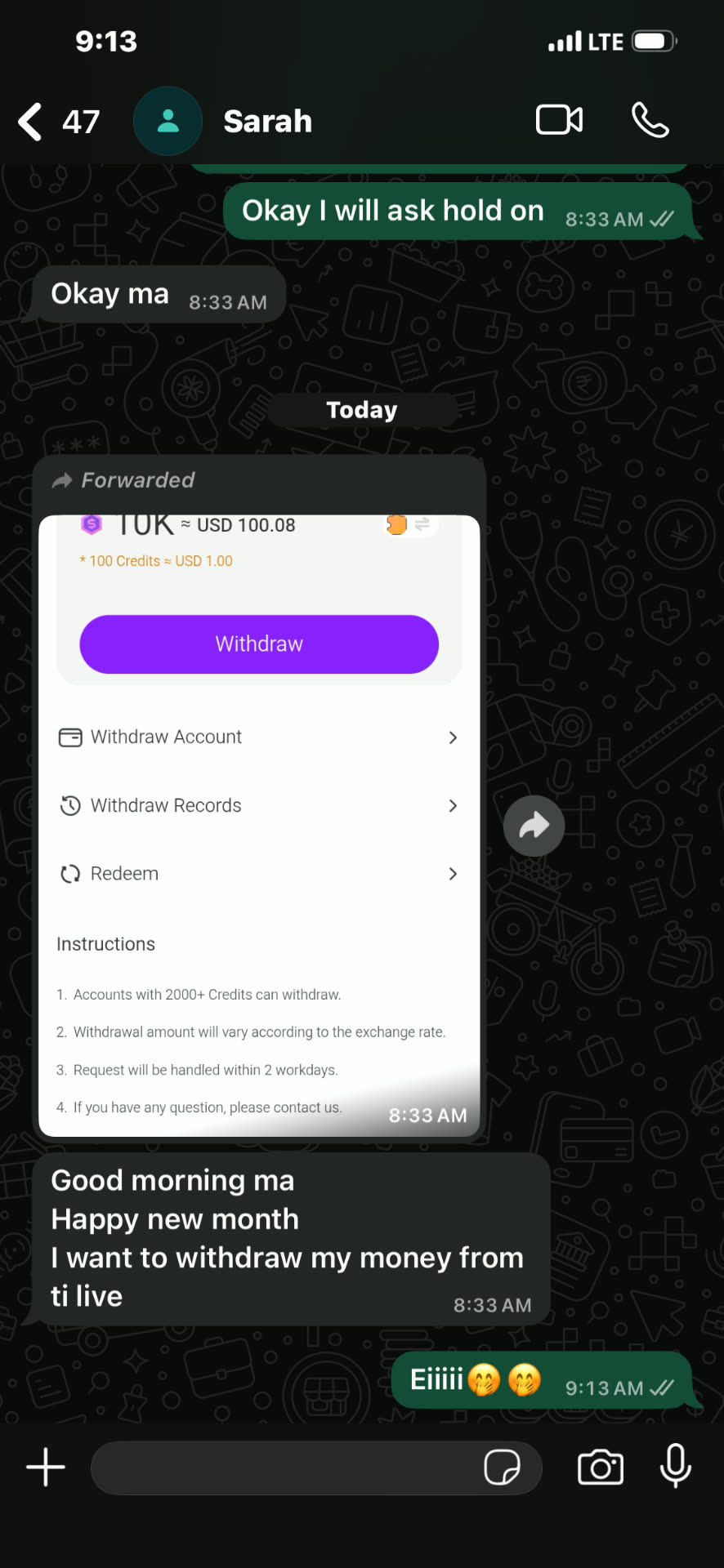 Sarah preparing her first withdrawal after reaching 2000+ credits