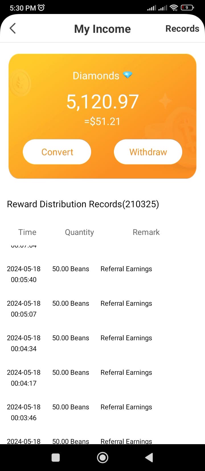 Diamonds balance and referral earnings records